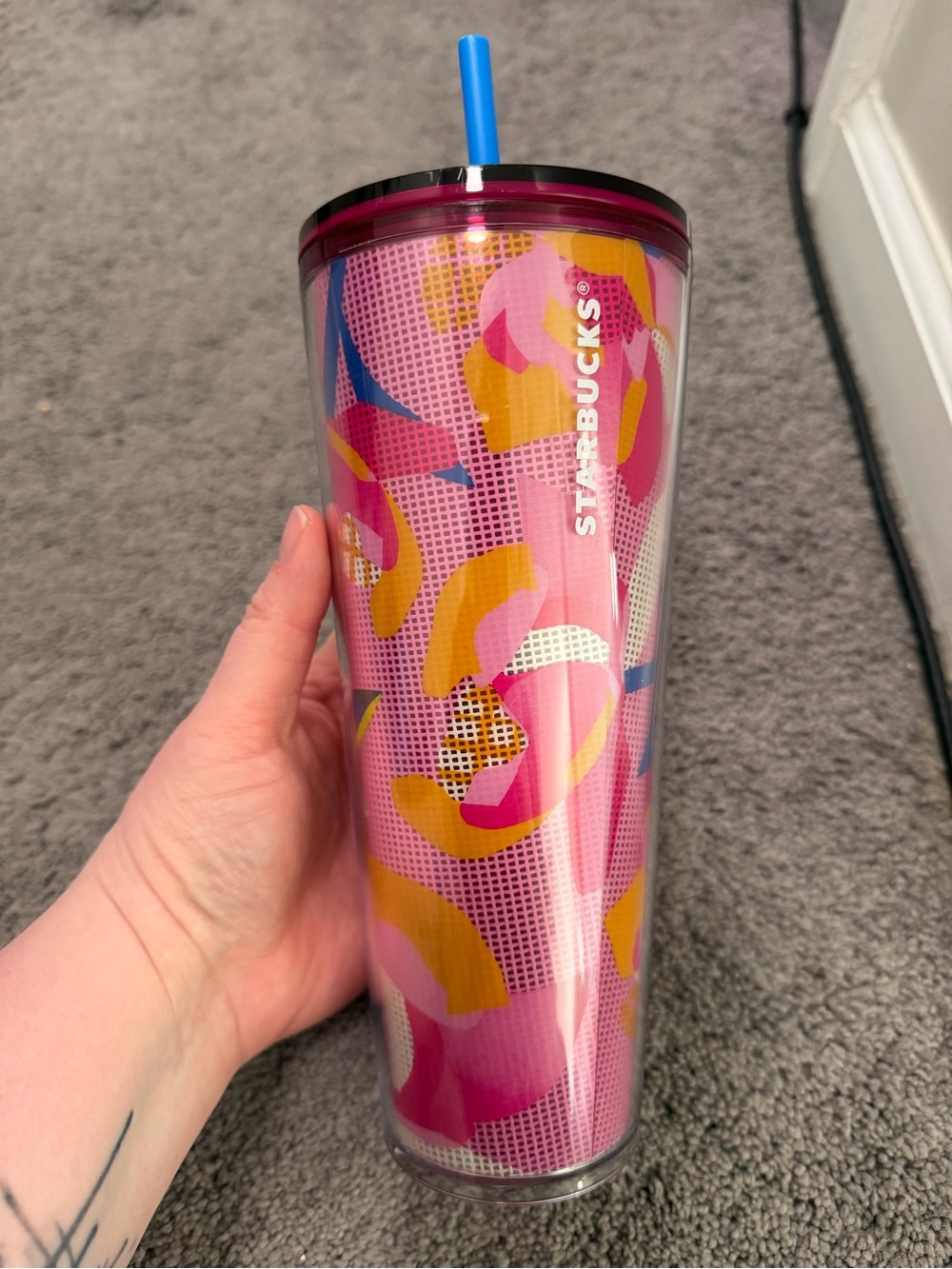 Starbucks Pink and Blue Abstract Pattern Tumbler with Yellow Accents